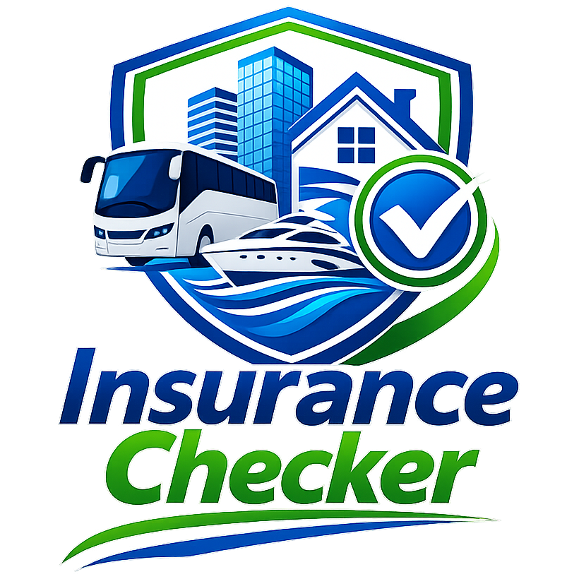Insurance Checker logo featuring a shield with icons for a bus, buildings, a house, and a boat, accompanied by a large checkmark and the text Insurance Checker in blue and green.